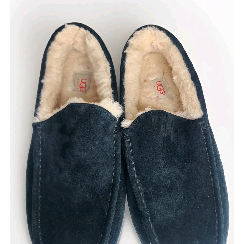 UGG Men's Ascot Slippers Indoor Outdoor Black Suede Slip On Shoes‎ Sherpa 10